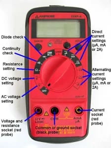 a picture of a multimeter with a description for each of its settings