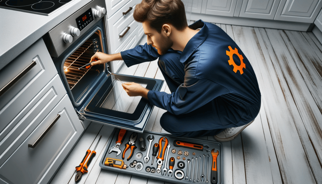 FairApplianceRepairman conducting and oven repair.Cartoon style