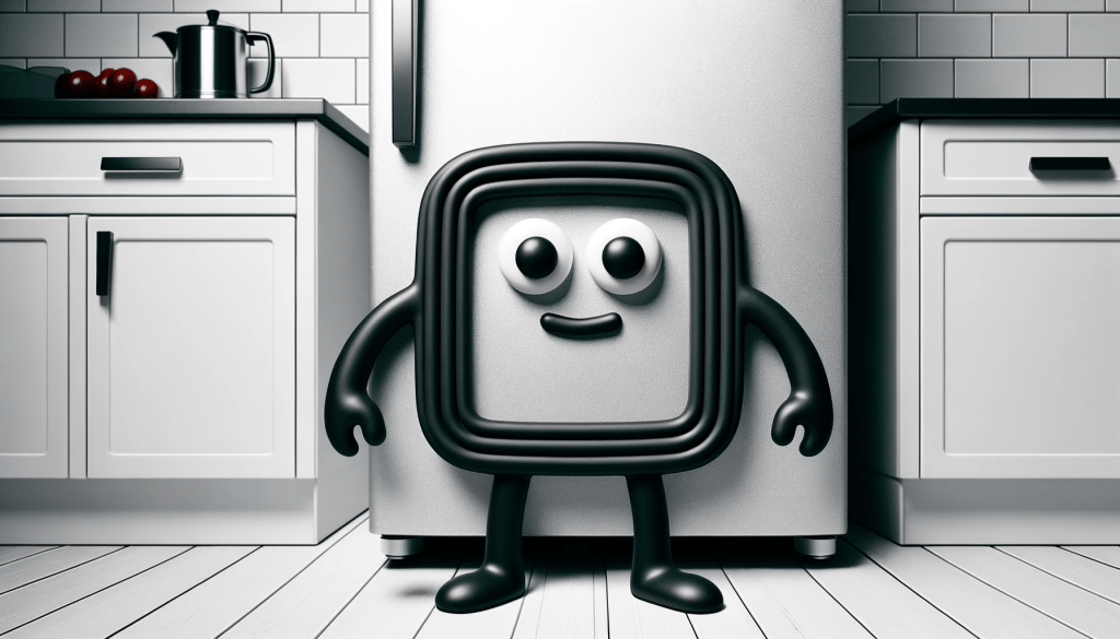 Illustration of a fridge door gasket, transformed into a character. The black rubbery square now has eyes, a mouth, and limbs, standing guard in front of a refrigerator. Its protective nature is emphasized as it ensures no cold air escapes from the fridge.
