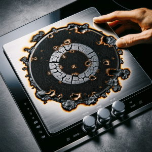 A close-up image of a burnt-out surface element on an electric cooktop, showing visible signs of damage such as breaks or blistering. The image should highlight the element in a state that clearly indicates it needs replacement or repair. This visual is intended for an article on electric cooktop troubleshooting, specifically addressing the issue of a burnt-out element.