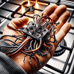 An image showcasing a loose or burnt wire connection in an electric cooktop, with visible signs of damage like blackened or melted wire insulation. The image should focus on the damaged connection, illustrating the need for careful inspection and repair. This visual is ideal for an article on electric cooktop maintenance, specifically addressing loose or burnt wire connections.