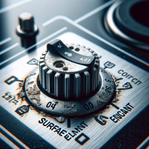 A close-up view of a defective surface element switch on an electric cooktop, showing clear signs of malfunction such as wear, damage, or irregular operation. The focus is on the intricacies of the switch, illustrating its importance in cooktop functionality and the need for precise repair. This image is suitable for an article highlighting issues with electric cooktops, specifically focusing on defective switches.