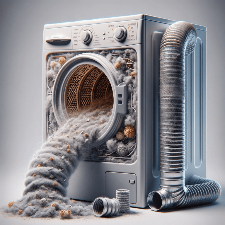 A realistic depiction of a dryer with signs of poor airflow. The image should show a dryer with a visibly clogged lint filter, full of lint and debris. Additionally, include a blocked or kinked vent hose attached to the dryer, and an external vent clogged with debris. The focus is to visually represent the concept of poor airflow in a dryer, highlighting the common issues like clogged filters and vents that can lead to this problem.