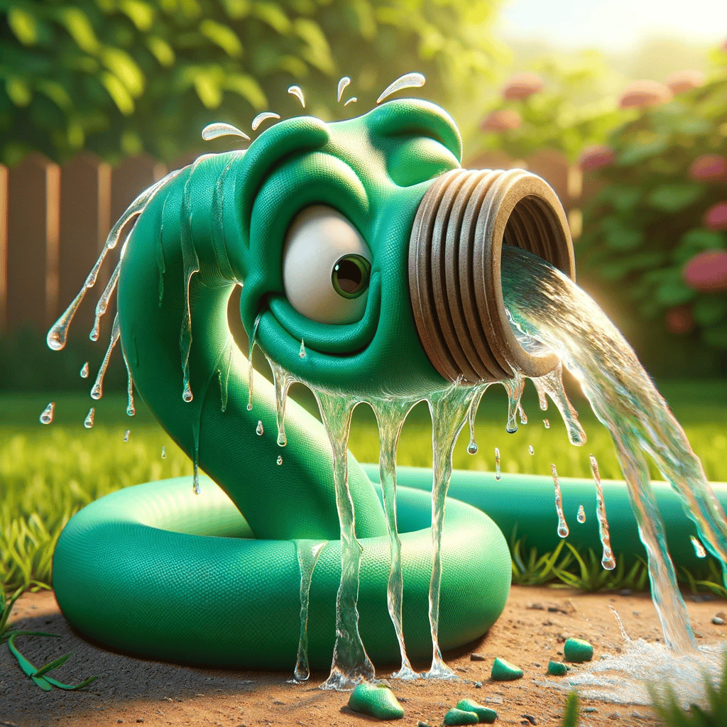 A whimsical caricature of a garden hose, animated with a face and expressions. The hose is green and has a slight bend, resembling a smile. The hose's face shows a playful, struggling expression as it tries to push water through. Small, irregular lumps of water are sporadically emerging from the nozzle, giving a sense of effort and difficulty. The background is a sunny garden setting, emphasizing the hose's struggle in a light-hearted, comical way.