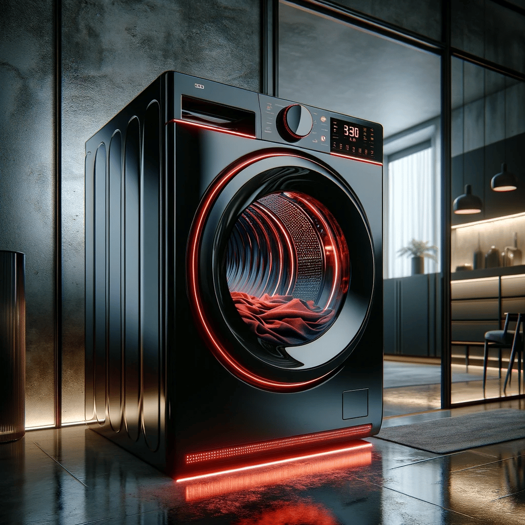A visually captivating and advanced dryer in a sleek laundry room environment. The dryer boasts a modern, glossy black exterior with vibrant red LED accents. Its innovative design includes a large, transparent door, allowing a glimpse of the tumbling clothes inside, illuminated by soft interior lighting. The dryer is placed on a polished concrete floor, surrounded by minimalist decor and high-tech appliances, highlighting its standout aesthetic and functionality as a state-of-the-art home appliance.