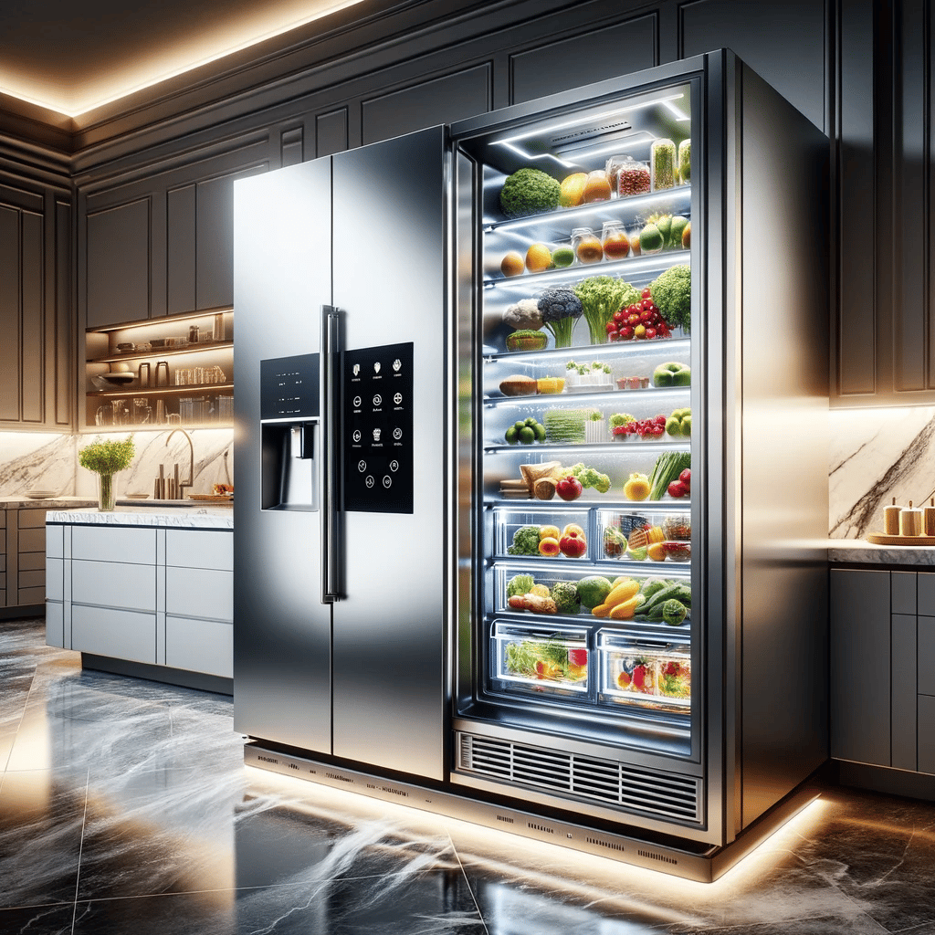 A visually stunning refrigerator in an elegant kitchen setting. The refrigerator features a sleek, silver finish with interactive touch screen panels on its doors. Its contemporary design includes a glass window on the upper door, showcasing neatly arranged, colorful food items inside. The kitchen around the fridge is modern and luxurious, with marble countertops, stainless steel appliances, and ambient lighting enhancing the refrigerator's sophisticated and high-tech appearance. This refrigerator is a blend of functionality and modern art, making it a focal point in the kitchen.