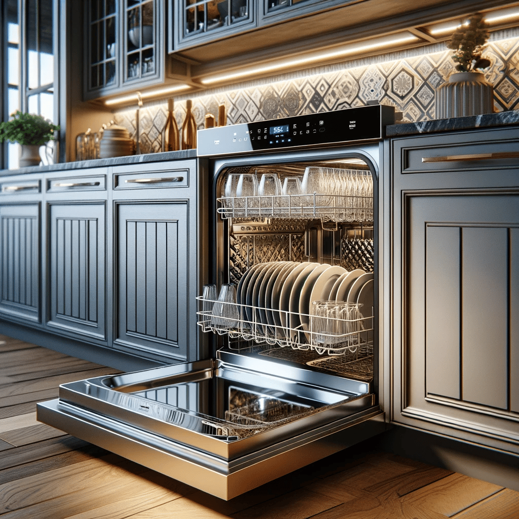 A visually appealing dishwasher in a high-end kitchen setting. The dishwasher features a sleek, brushed steel exterior with a unique, patterned front panel. It has an integrated digital display that shows the washing cycle status. The design is complemented by a transparent door section, revealing neatly stacked dishes and glasses being cleaned inside. The surrounding kitchen area is stylish, with granite countertops, custom cabinetry, and state-of-the-art kitchen appliances, emphasizing the dishwasher's chic and functional design in a contemporary home setting.